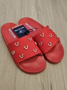 True Religion Jewel-Embellished Slide Sandals